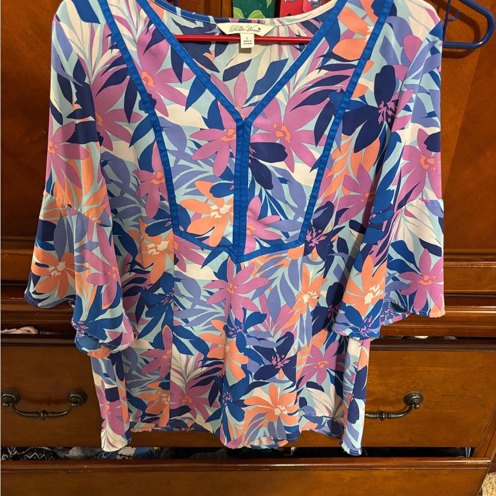 The Pioneer Woman Floral V-Neck Flutter Sleeve Top in Blue, Pink & Coral